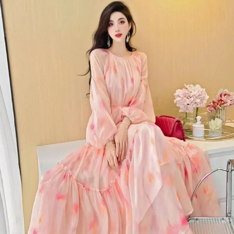 فستان شيفون فرنسي مُزين بنقشة الزهور لربيع وصيف 2026 للنساء اللطيفات والتخسيس، فستان طويل أنيق للإجازات w1619 #5