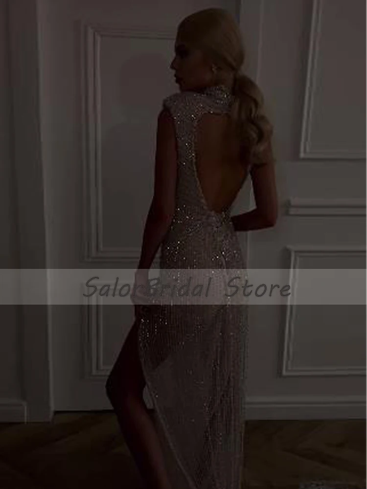 2023 Evening Dresses Sparkly Diamonds High Collar Luxury Women\'s Evening Gown Mermaid Sleeveless Side Slit Sexy Party Dress Long