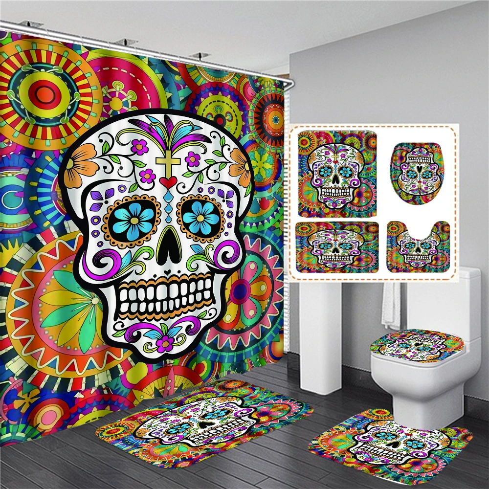 Black Skull Skeleton Printed Shower Curtain Set Horrible Halloween Festival Bathroom Decor Pedestal Rug Lid Carpet Toilet Cover