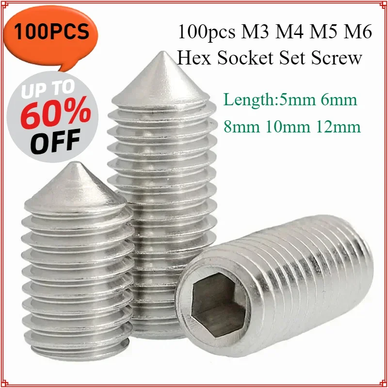 100pcs M3 M4 M5 M6 Hex Hexagon Socket Set Screw ,Cone All Cup Point Grub Screw A2 304 Stainless Steel Set Screw Bolt DIN914