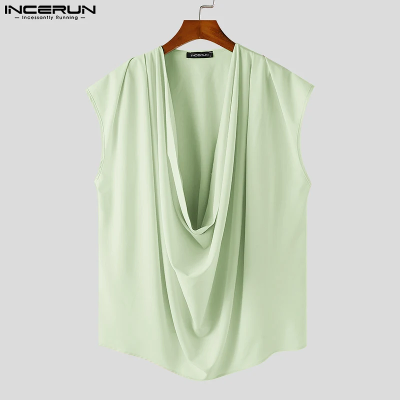 INCERUN Men Tank Tops Solid Color V Neck Sleeveless Summer Casual Male Vests Streetwear 2024 Pleated Fashion Men Clothing S-5XL