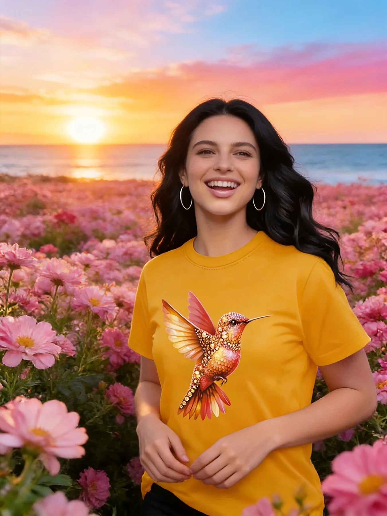 Unique and Chic Bird Patterned Round Neck Short Sleeved T-shirt for Women's Casual Fashion Top, Birthday Gift