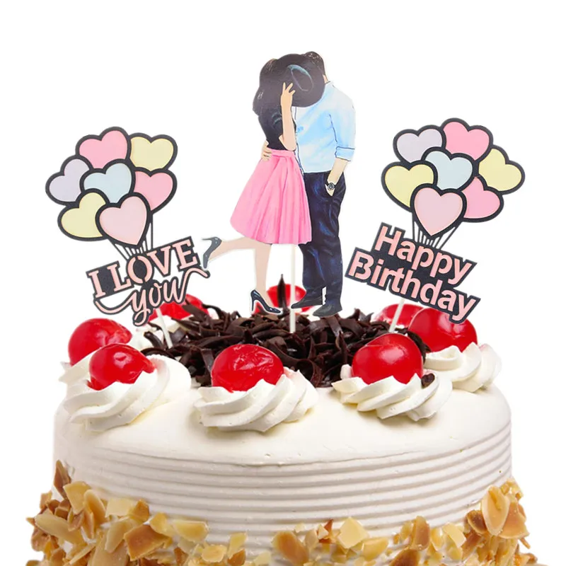 Happy Birthday Wedding Bride Cake Toppers I Love you Topper Lovers Kiss Cake Flags Couple Kids Girls Party Baking DIY Decor