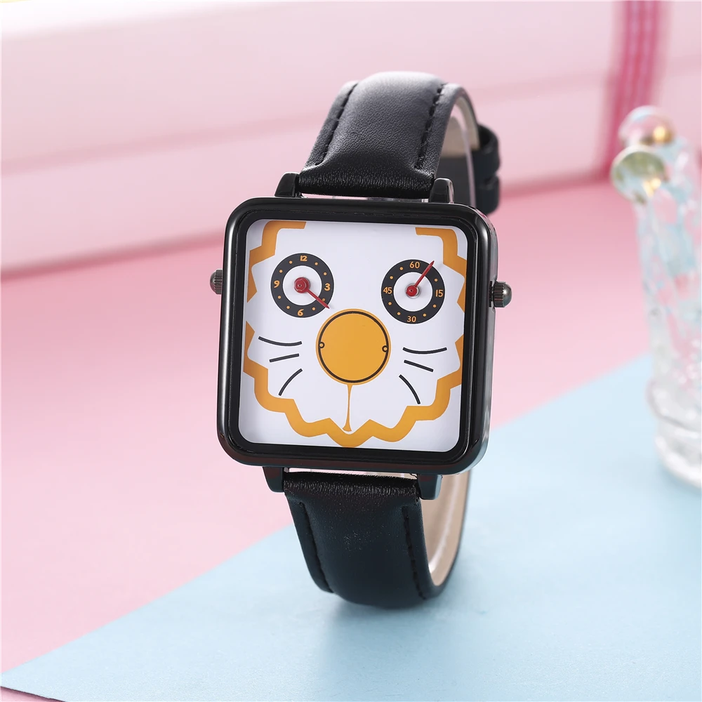 New Fashion Temperament Women's Wristwatch Creative Double Eye Doodle Cartoon Belt Watch Square Clocks