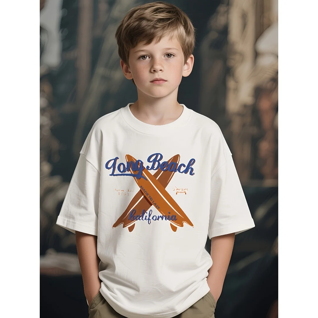 

Surfboard and letter print short-sleeved T-shirt casual and versatile style suitable for children's daily wear and going out