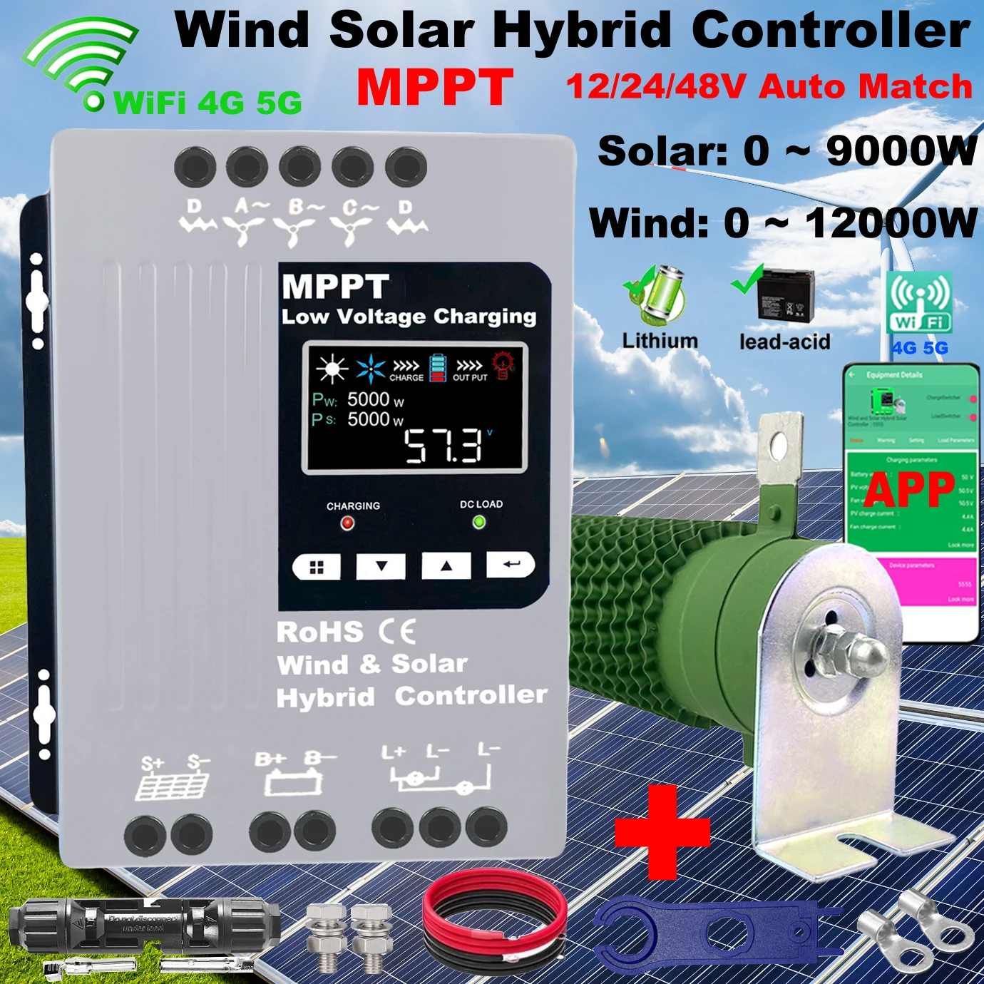 4000W Wind Solar Hybrid Charge Controller with Equalizer, 12V 24V 48V AUTO, MPPT for Solar and Wind, for Lithium Lead Battery