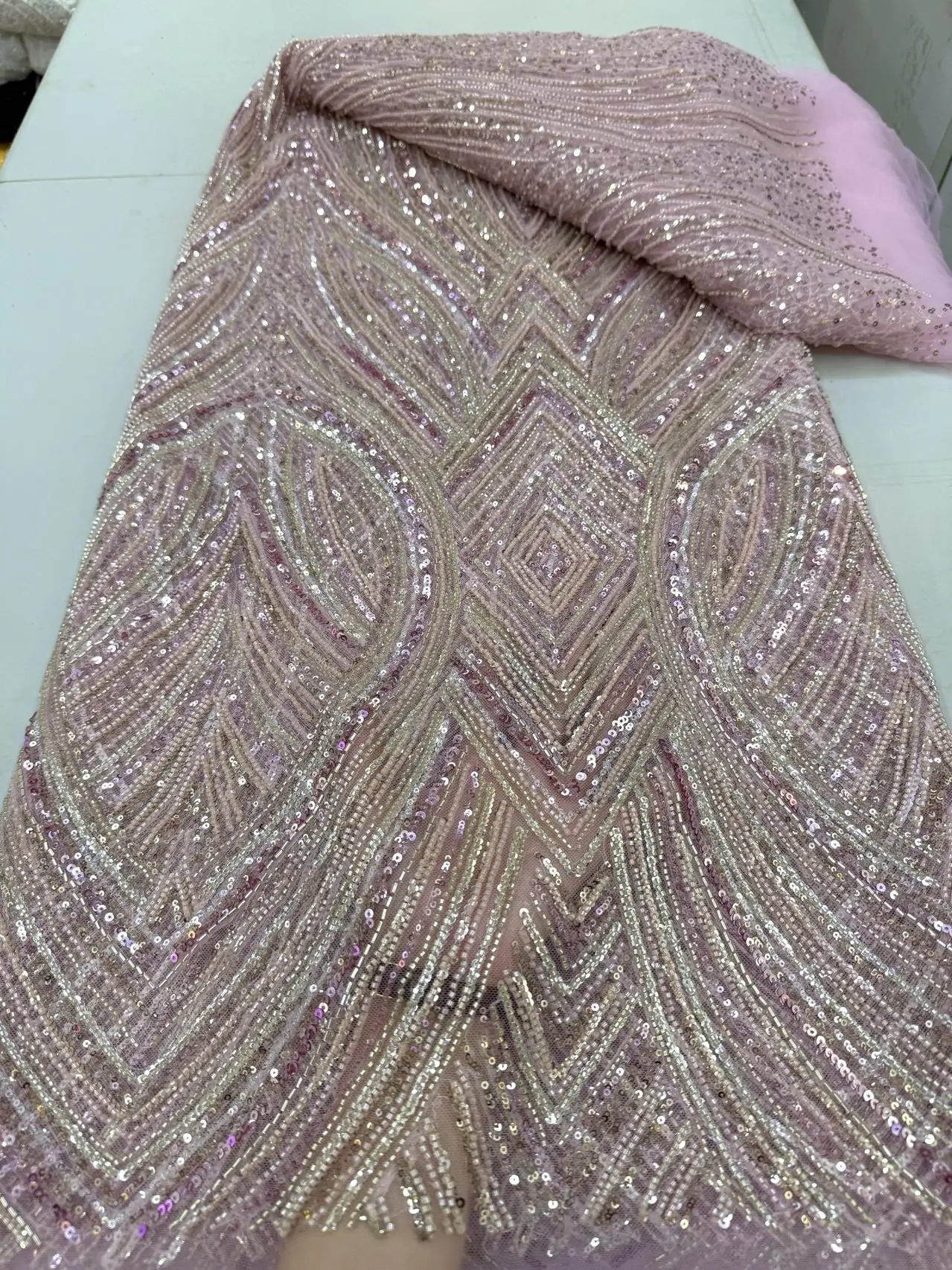 

2025 African Nigerian High-Quality Sequins Embroidery Tulle Lace Fabric Sewing Beads Stone for Prom Dresses 5Yards jy483