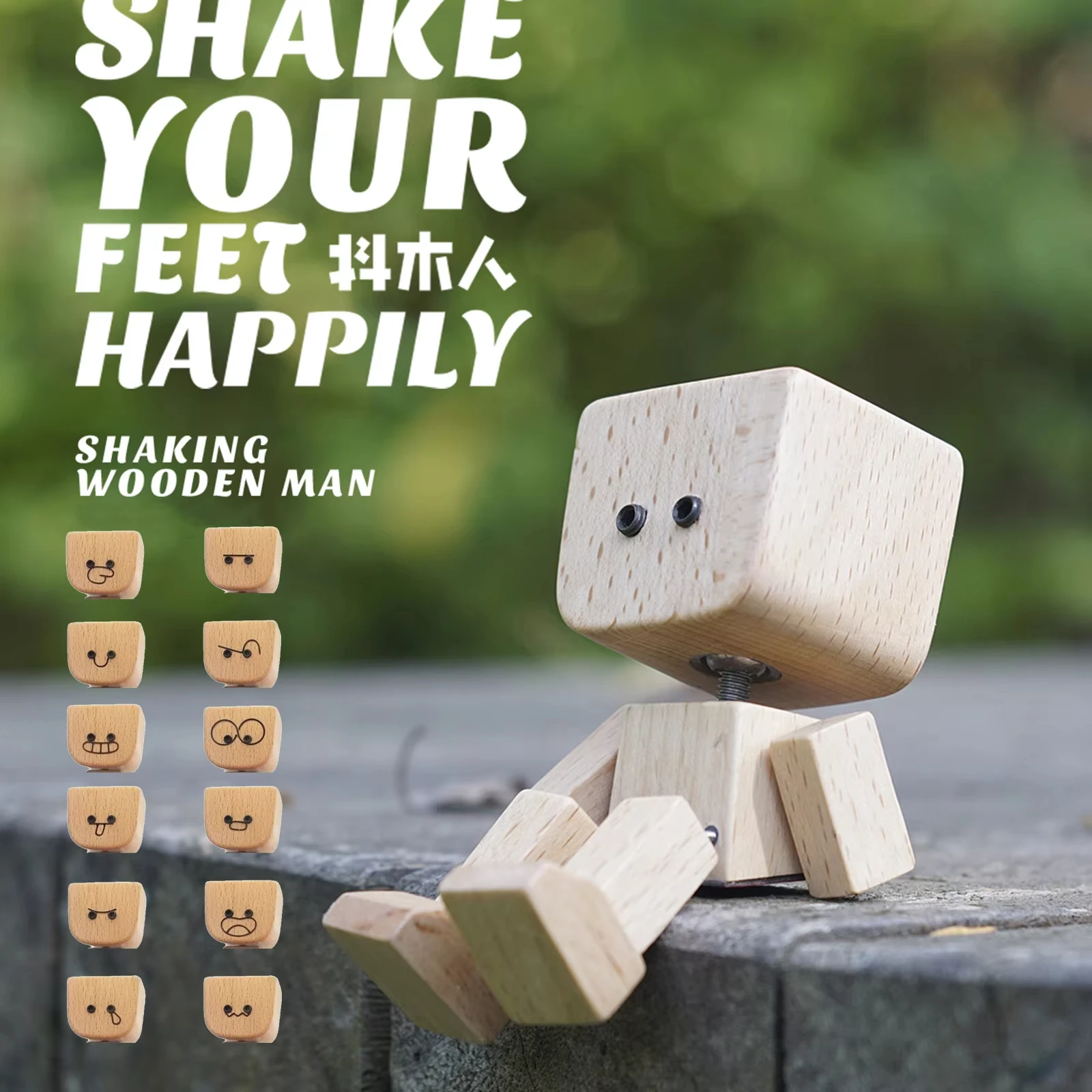 Cute Car Shaking Wooden Man Figurine Interior Wood Ornaments with 12 Magnetic Expressions Handmade Wooden Wiggle Ornament Gift image 3