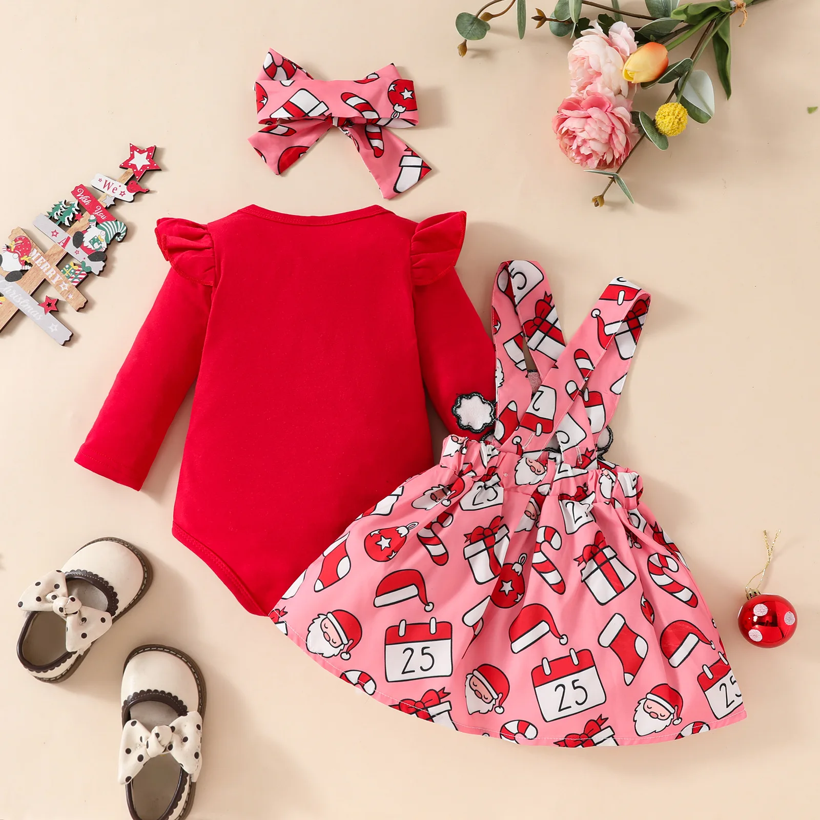 Christmas Baby Clothes Set 0-18 M Infant Girls Outfits Solid Bodysuit Santa Claus Suspender Skirt with Headwear 3Pcs