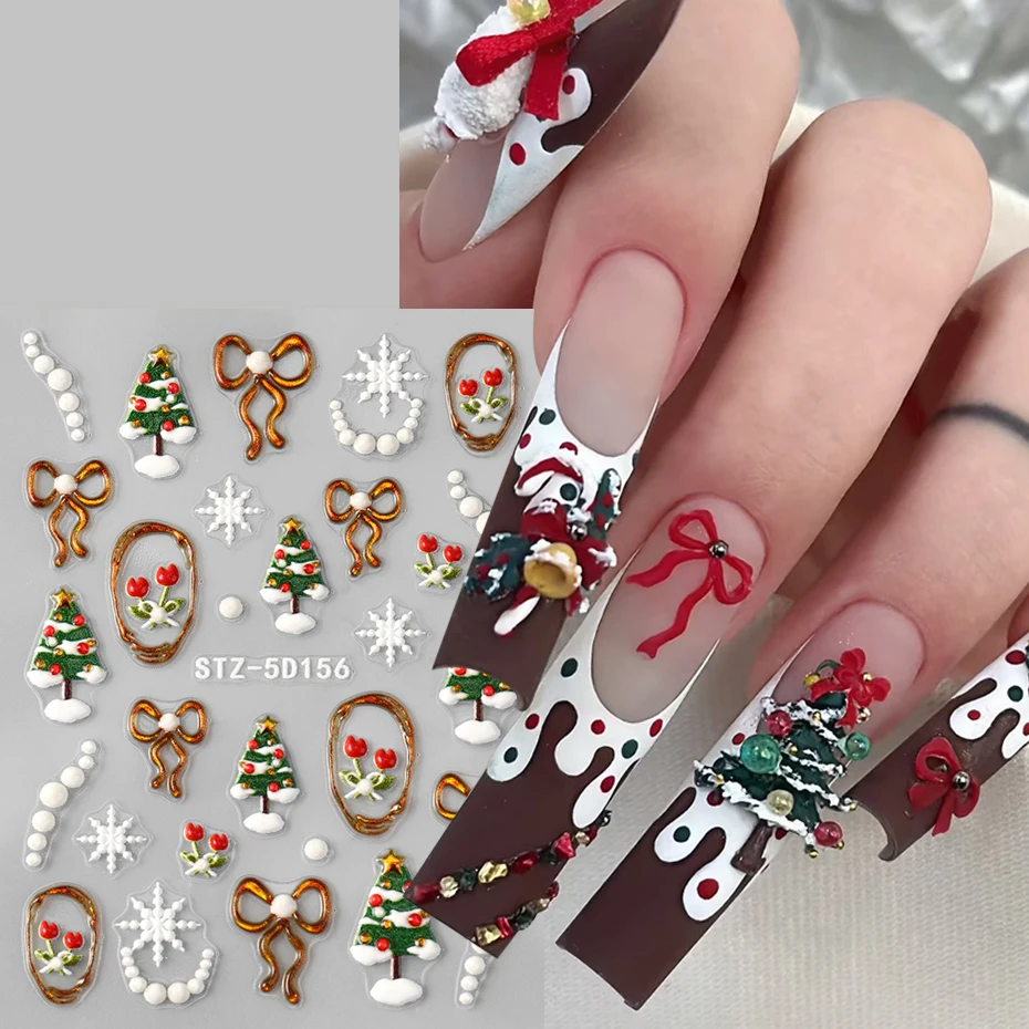 Autocollants à nœud papillon de canneberge en relief 5D, pour ongles, arbres de noël, flocons de neige, Design auto-adhésif pour Nail Art, décoration d'ongles pour nouvel an, DIY bricolage