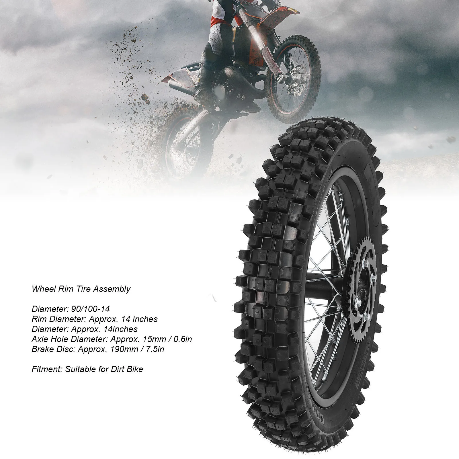 Rear Wheel Rim Tire Replacement 14in Easy Installation Dirt Bike Rear Wheel Rim Tire Assembly for 110cc 125cc 150cc Dirt Bike
