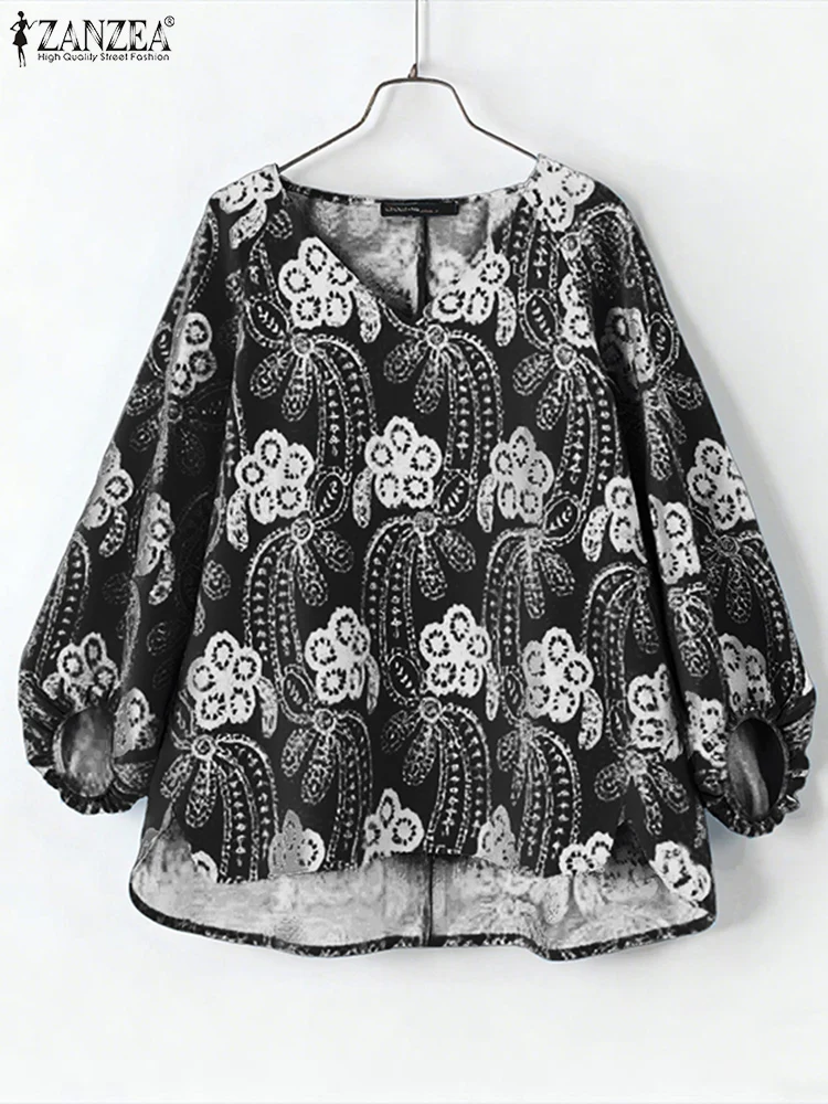 ZANZEA Camicetta casual con stampa vintage Donna Top a maniche lunghe 2025 Autunno con scollo a V Manica a lanterna allentata Camicie moda Blusas Femme