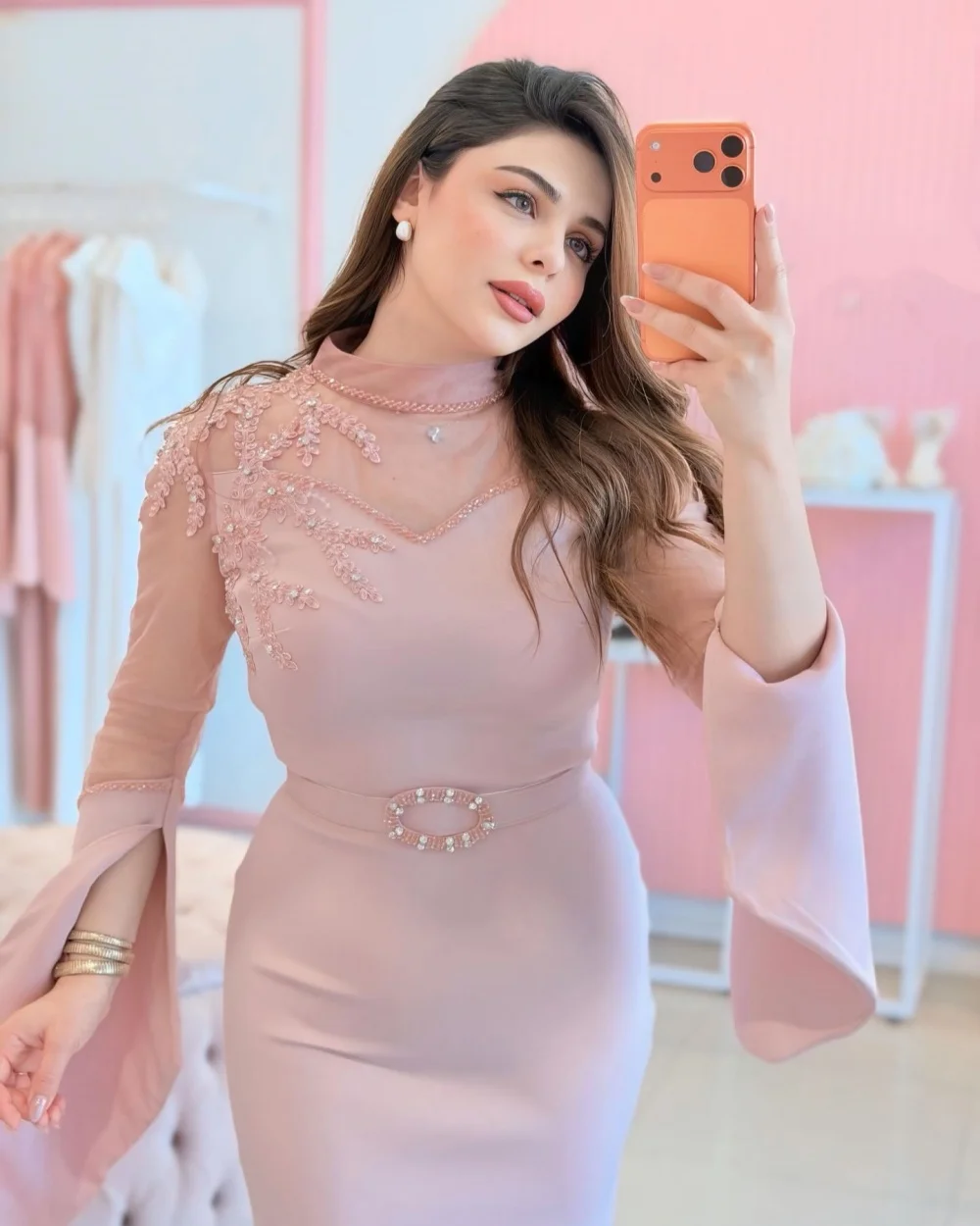 

Customized Formal Women Jersey Rhinestone Beading Sheath Evening Dresses Fashion High Collar Long Sleeves Ankle Length Dresses