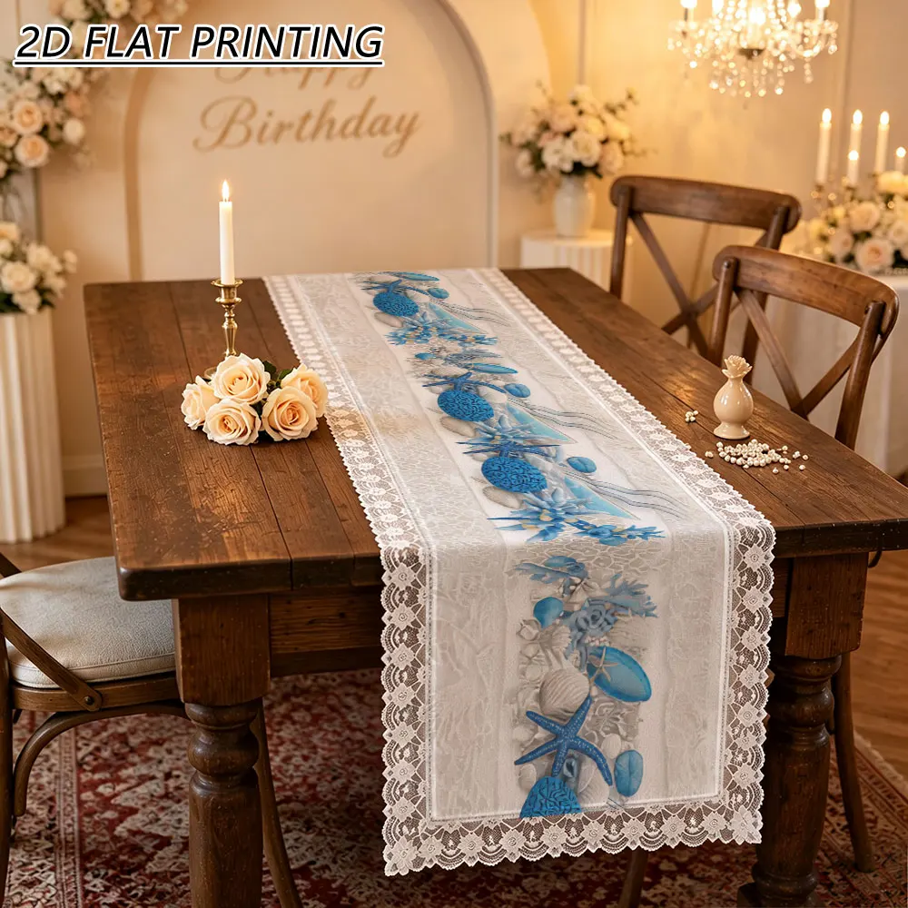 1pc Blue Starfish Seashell Pattern Tulle Lace Table Runner For Beach Theme Party Home Decor