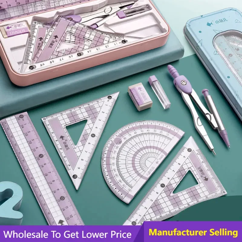 

Compass Ruler Set 8pcs/set School Maths Geometry Compass Ruler Eraser Rubber Protector Square Keepsake Tin Case Set for Children
