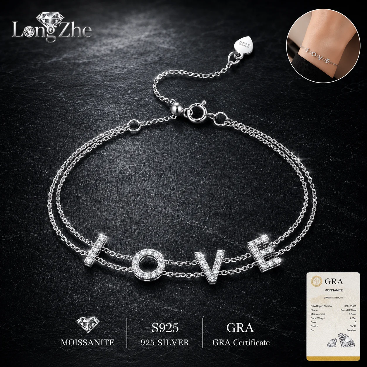

S925 Sterling Silver Moissanite Bracelet 37 Stones LOVE Letter Double Chain for Women Anniversary Daily Wear Fine Jewelry Gift