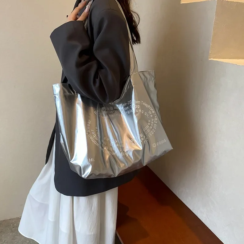 Korean Style Silver Shoulder Bag Handbag Minority Design Waterproof Tote Bag French Style Solid Color Underarm Bag Women