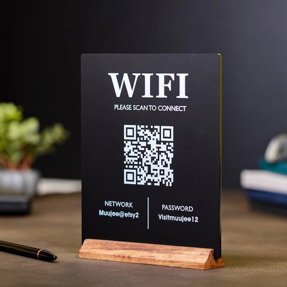 Custom WiFi QR Code Acrylic Table Sign with Wood Base Scan to WiFi Signage for Home Airbnb Salon Spa Small Business Office