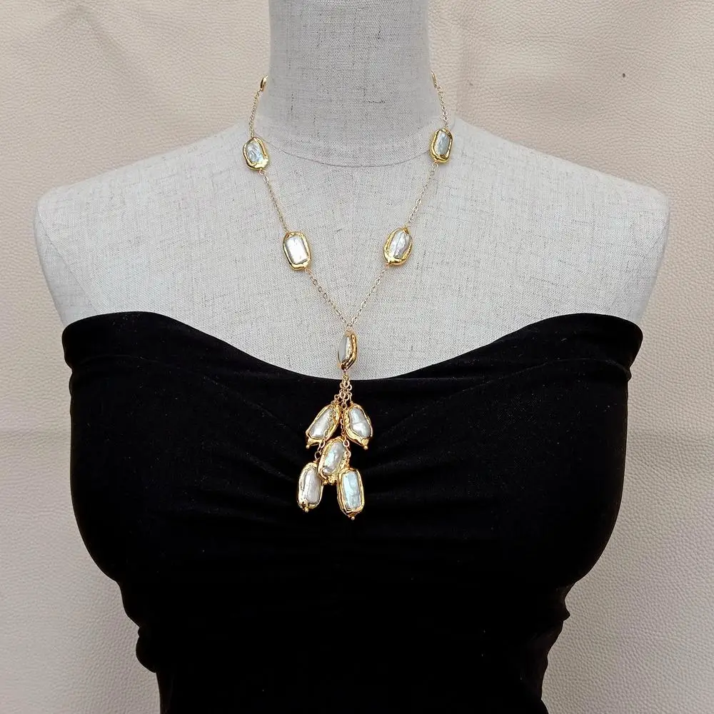 YYGEM  Gold color Plated Link Chain natural Freshwater Cultured White Biwa Pearl  Necklace 19\
