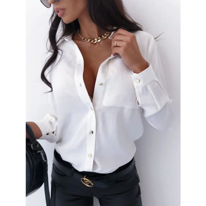 Camicia a maniche lunghe abbottonata stile resort casual Top slim tascabile casual alla moda da donna