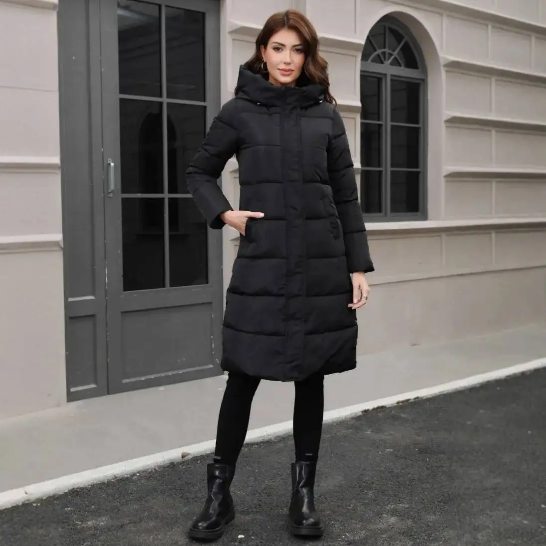 

American European New Fashion Women's Slim Casual Trendy Elegant Black Solid Color Knee Length Parkas Female Winter Clothes Coat