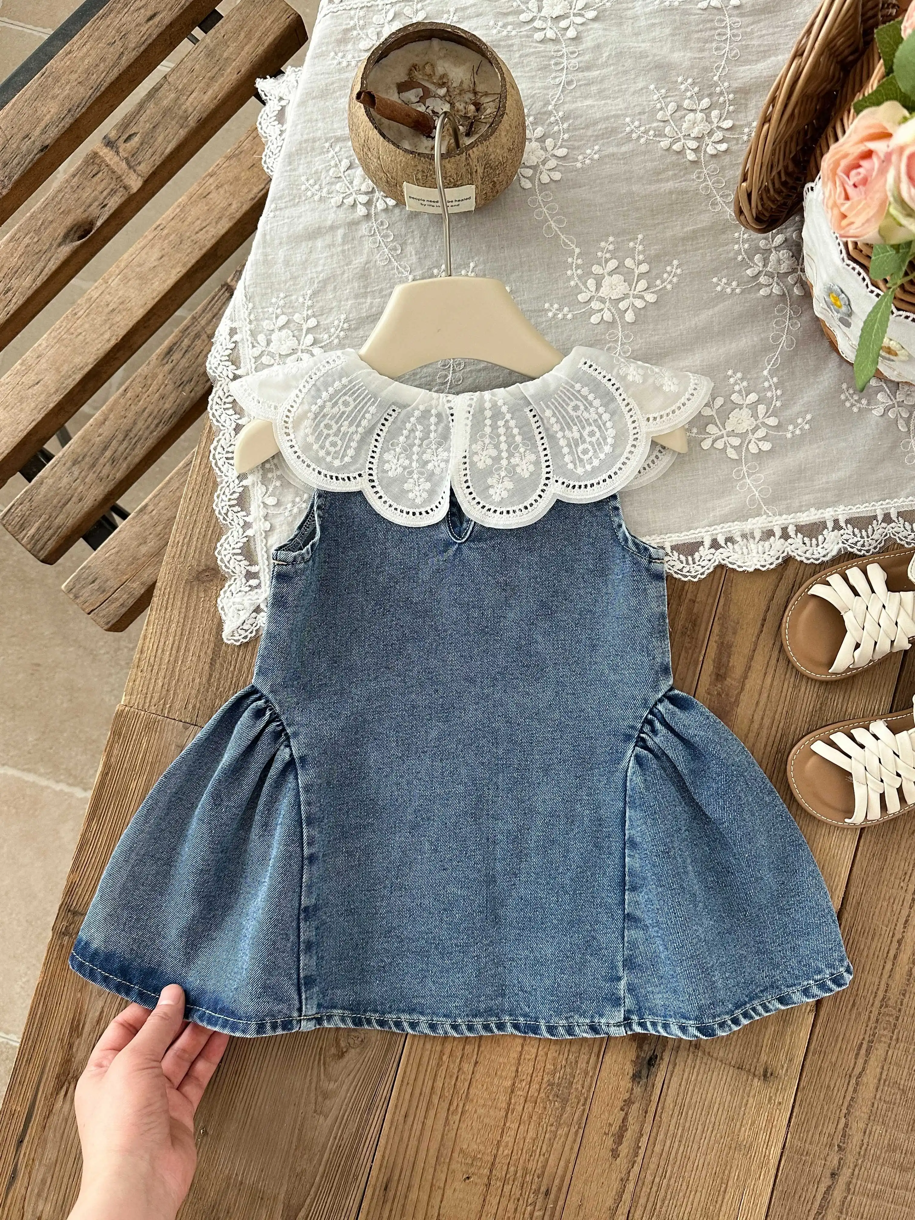 Girls Sleeveless Denim Dress Cute Lace Scalloped Collar Summer Kids A-line Princess Skirt