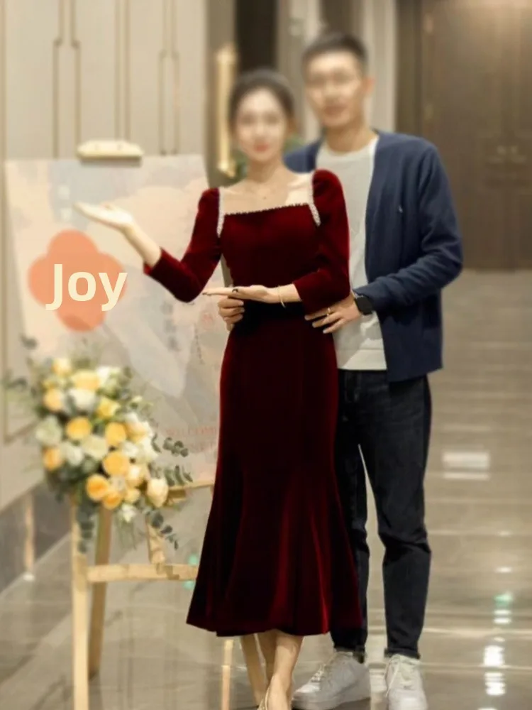 

Red Wedding Dr Fi Tail Long Sve Bride Gown Evening Par Vintage Sle Polyester Fabric Pearl Embellied mid Waist