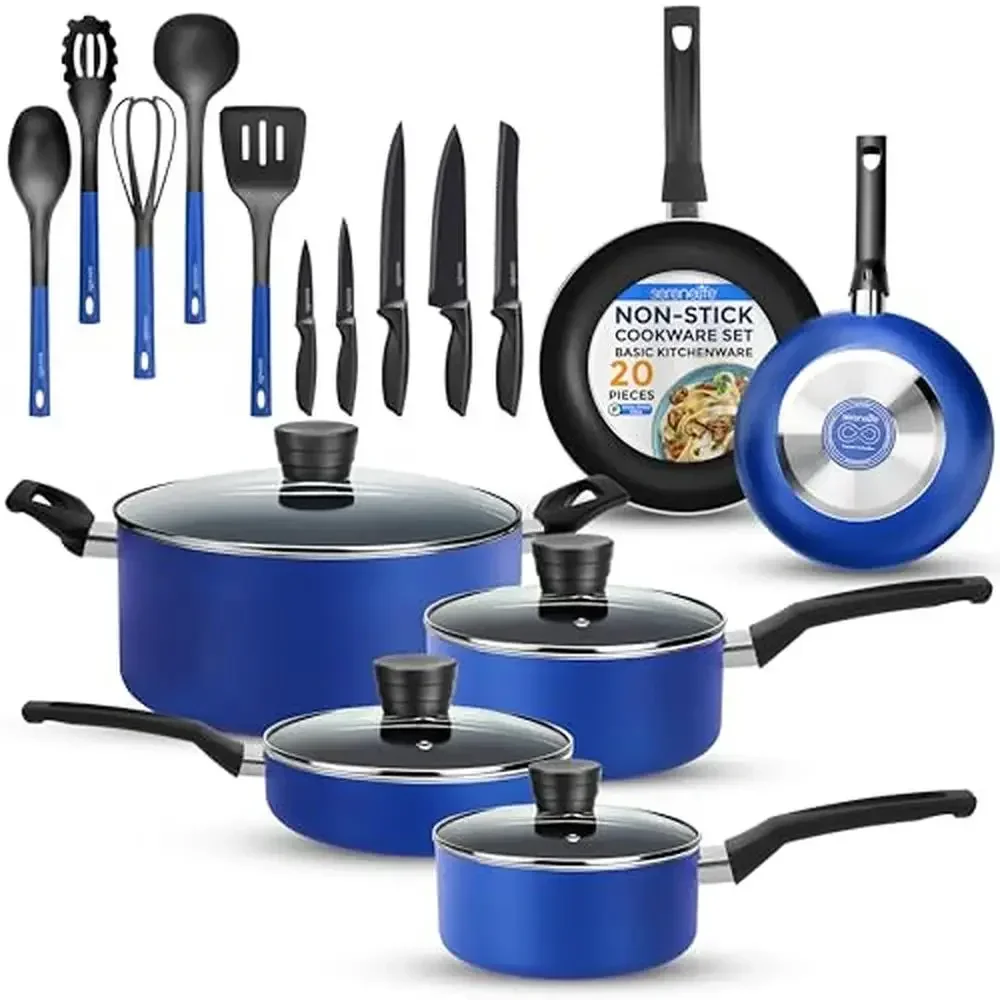 

20-Piece Nonstick Cookware and Knives Set with Glass Lids Heat Resistant Handles Italian Design Easy Clean Gas Electric Ceramic