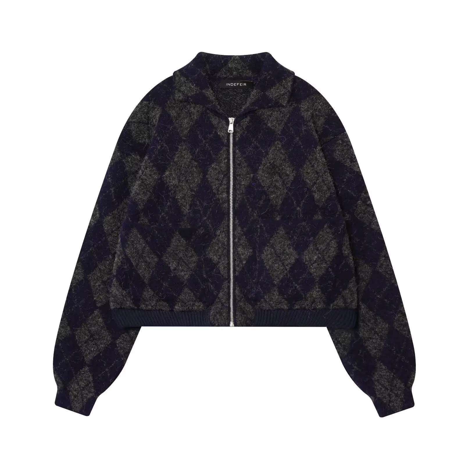 KIDCKRJ 다이아몬드 패턴 여성 니트 코트 체크무늬 칼라 지퍼 플라이 여성 파일럿 재킷 2026 봄 여성 봄버 아우터웨어