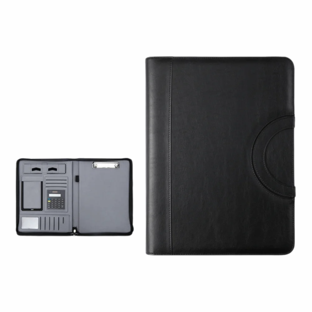 PU A4 Calculator File Folder Zipper Closure A4 Manager Folder Circular Handle Portable Business Portfolio Conference Meeting