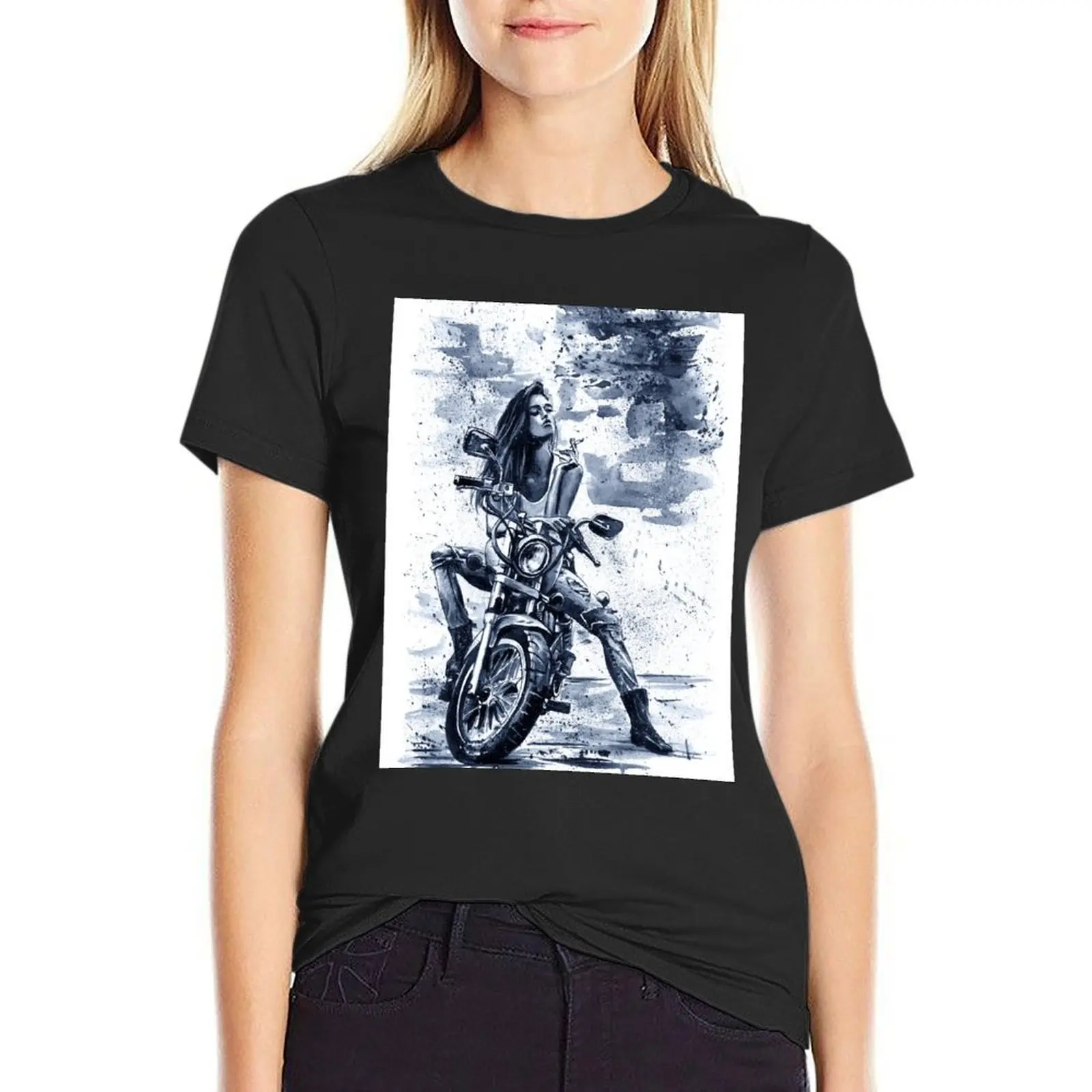 Biker Girl painting fashion cool T-Shirt Short sleeve tee female korean Women's clothes