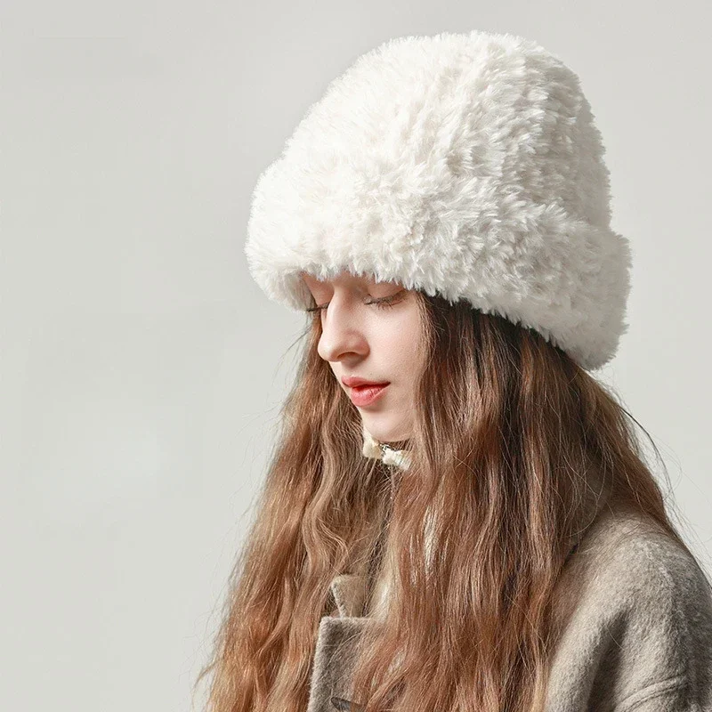 Winter Fluffy Fur Hat for Women Korean Fashion Soft Plush Hat Russia Outdoor Snow Coldproof Warm Benines Ear Protection Cold Cap