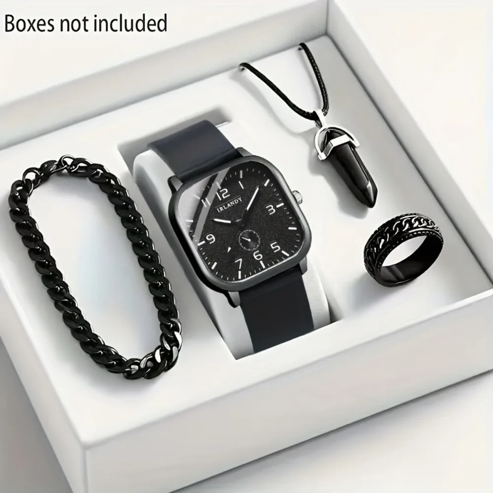 Reloj de cuarzo cuadrado a la moda para Hombre, Reloj de pulsera deportivo con banda de silicona informal, conjunto de joyería, Reloj para Hombre (sin caja), 4 Uds.