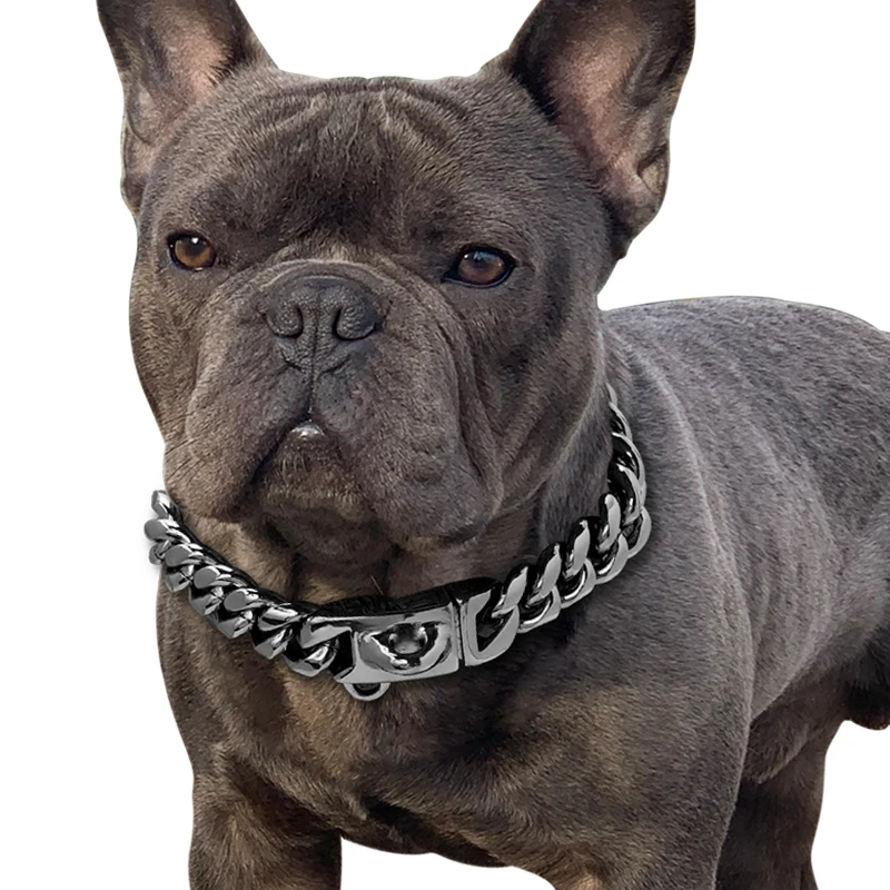 Strong Gold Dog Collar Stainless Steel Cuban Link Chain 14mm Wide Metal Pet Necklace for Small Medium Large Dog Collar Product