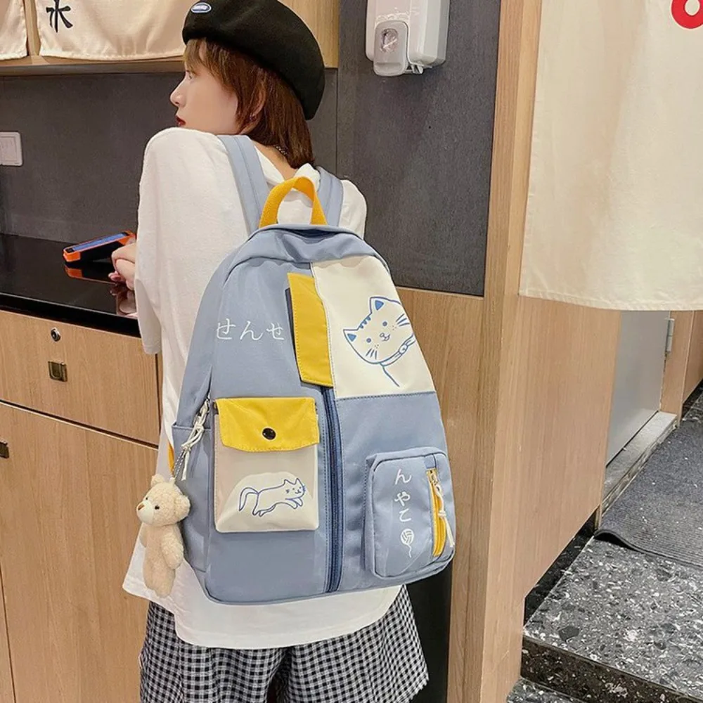 Cute Cartoon Cat Women's Backpack Nylon Waterproof Travel Backpack Large Capacity Schoolbag Students