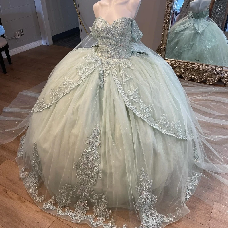 Light Green Princess Quinceanera Dresses Off The Shoulder Lace  Appliques Beads Tull Sweet 16 Ball Gown Vestido De 15 Anos