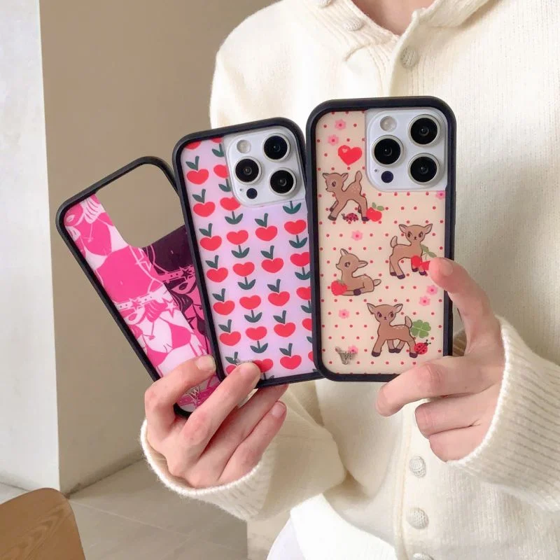 Fashion Wildflower Cartoon fawn Phone Case for iPhone 13 Pro 14 pro 15 Max 16 pro max 12 Cute Puppy  WF Deer Cherry Protection