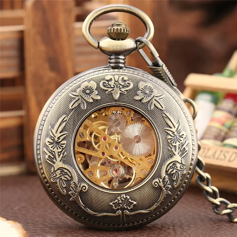 Bronze Unisex Skeleton Handwind Mechanical Pocket Watch Roman Number FOB Chain Half Hunter Case Vintage Timepiece