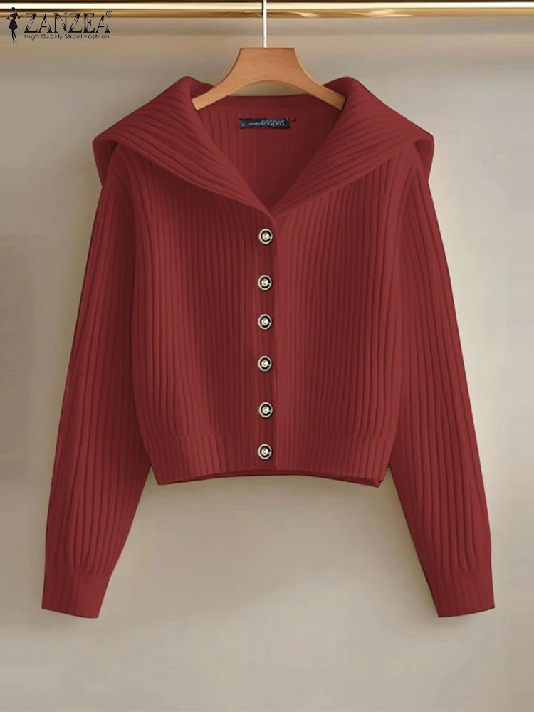 

ZANZEA Women Sailor Collar Short Tops Vintage Elegant Korean Style Button Up Sweaters 2025 Spring Autumn Casual Chic Cardigans