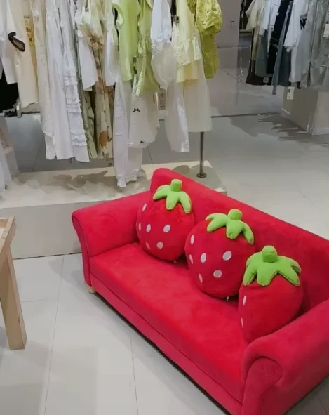 %a Kids Sofa, Upholstered Toddler Couch Chair with Ergonomic Back & 2 Strawberry Pillows, Double Seat Toddler Armchair for