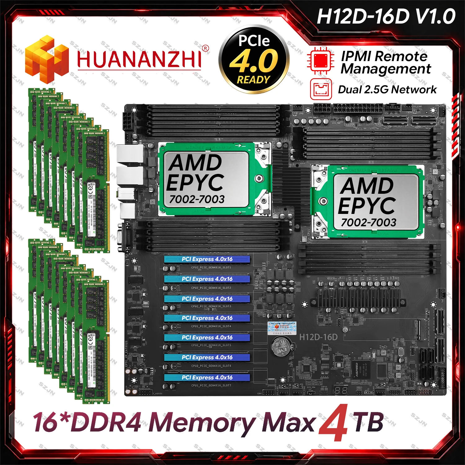 HUANANZHI H12D-16D Motherboard With IPMI Support AMD EPYC 7002 7003 Series Double CPU 16*Memory Slot Dual 2.5G Network Mainboard