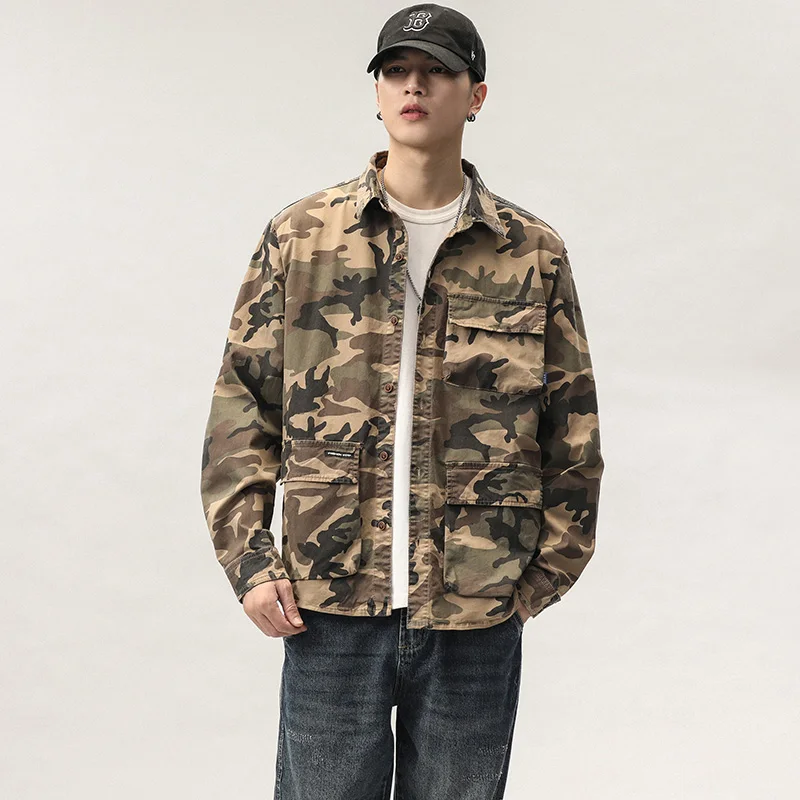 

Модная мужская повседневная рубашка свободного кроя с несколькими карманами и длинными рукавами, рабочая куртка, модный камуфляжный топ с квадратным воротником