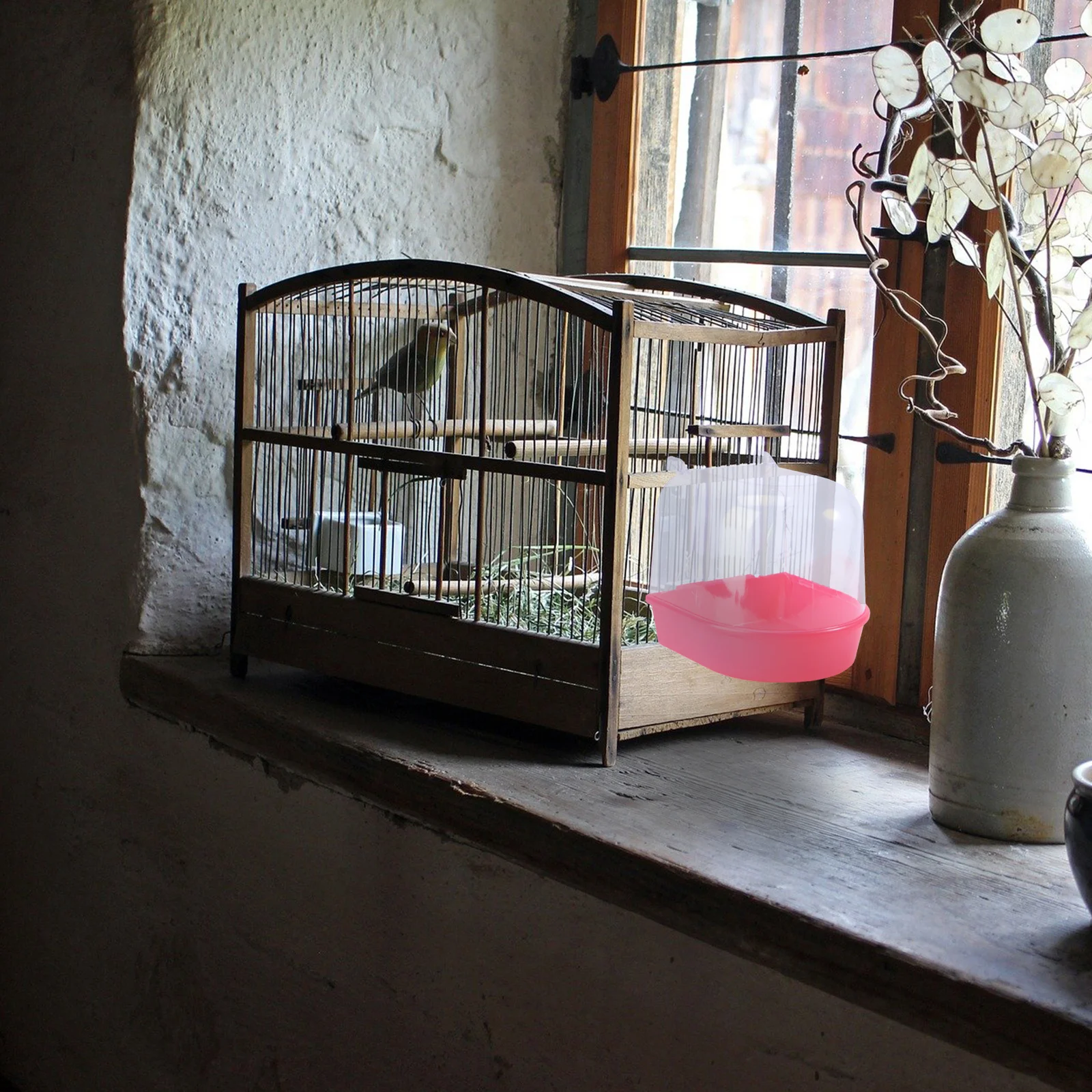 

Caged Bird Bath Covered Red for Small Birds Canary Parrot Ecofriendly Plastic Bird Bath Cage Parakeet Shower Bowl