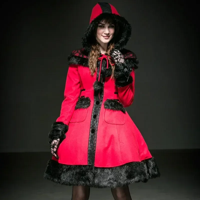 PUNK RAVE Lolita Sweet Women Woolen Red Black Coat Hat Hooded Patchwork  Dress Imitation Rabbit Fur Christmas Overcoat