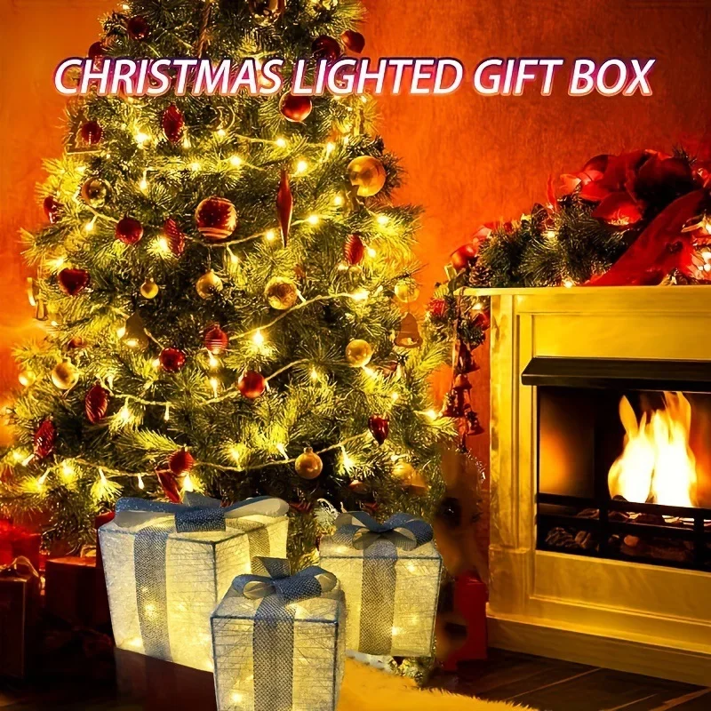 Christmas Decorations Ornament Wrought Iron Luminous Gift Box Three-piece Set Stacked Christmas Supplies Scene