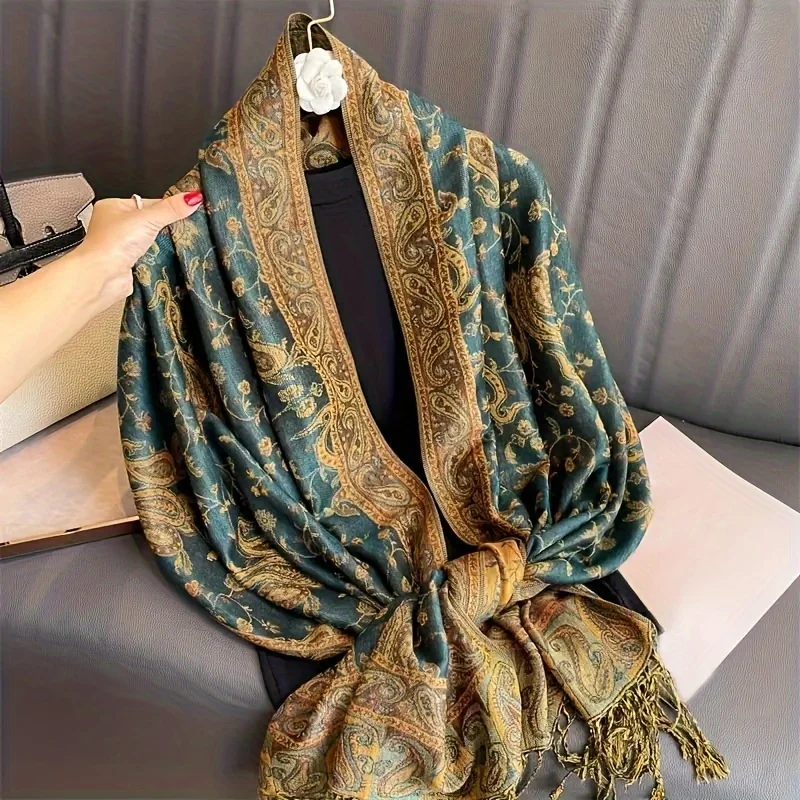 Klasyczny Boho Paisley żakardowy szal Vintage cienki miękki przytulny szalik elegancki styl oddychający szalik z kocem z pomponem dla kobiet