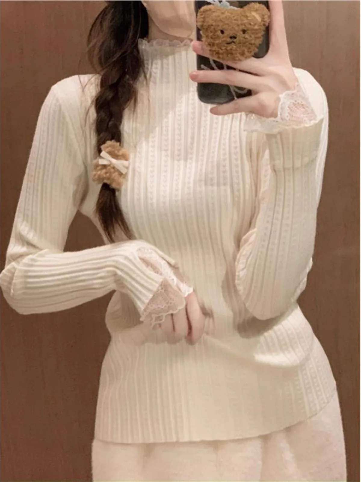 Lace Trim Knitted Sweater Women's Autumn Winter Half High Collar Base Layer Top Layering Style Soft Korean Fit Long Sleeve