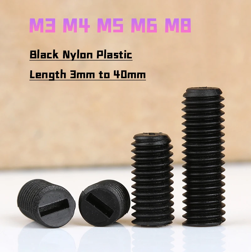 Peijian 20~100pcs Black Nylon Set Screw M3 M4 M5 M6 M8 Plastic Slotted Insulated Flat End Point Headless Bolt Length 3mm To 40mm