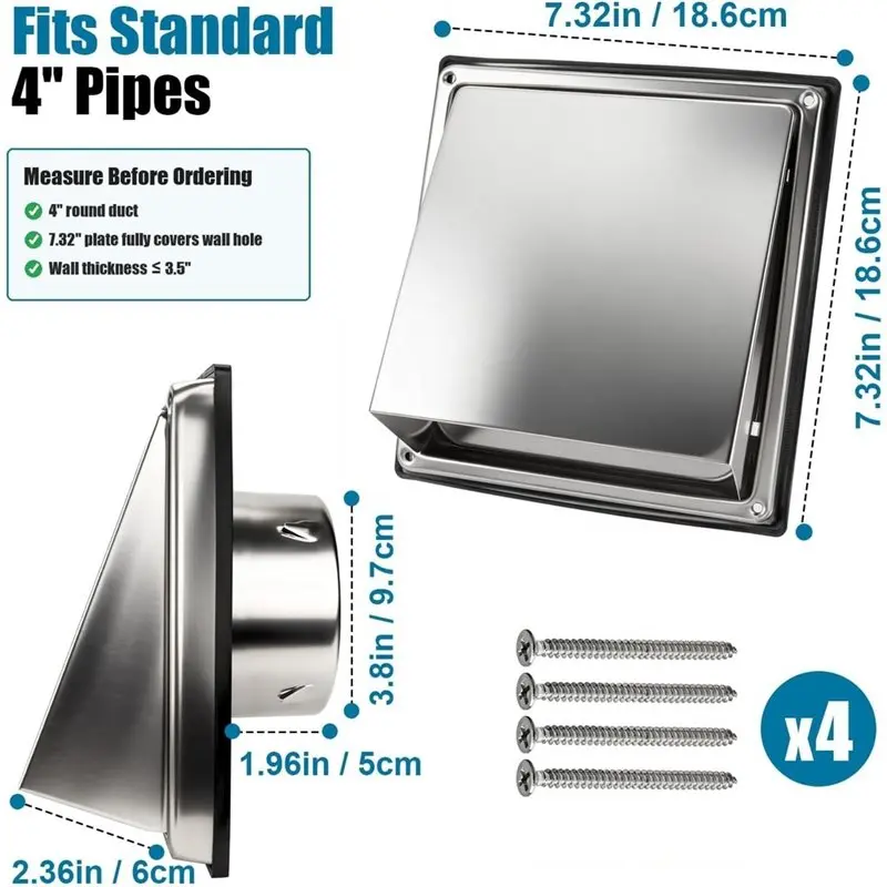 A60E-Stainless Steel Exterior Wall, 4 Inch For Dryer Vent Cover 45° Rain Shield In Silver- For Dryer Duct And RV