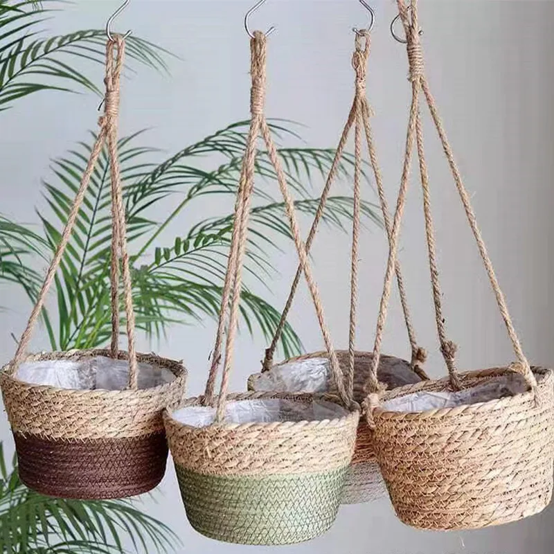 Woven Grass Flower Pot Hanging Basket Home Decor Wall Mounted Creative Short Sleeve T-Shirt Women's Fashion Summer Wear
